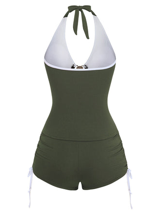 [Prévente] Ensemble Tankini Vert Col Bando à Cordon Froncé Années 50