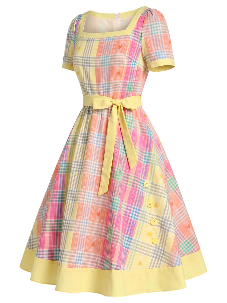 [Prévente] Robe Col Carré à Carreaux avec Cœur Jaune Clair Années 50