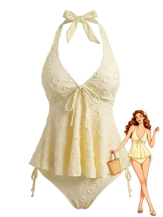 Texturé Floral Halter Profond V Ensemble Tankini Années 1950