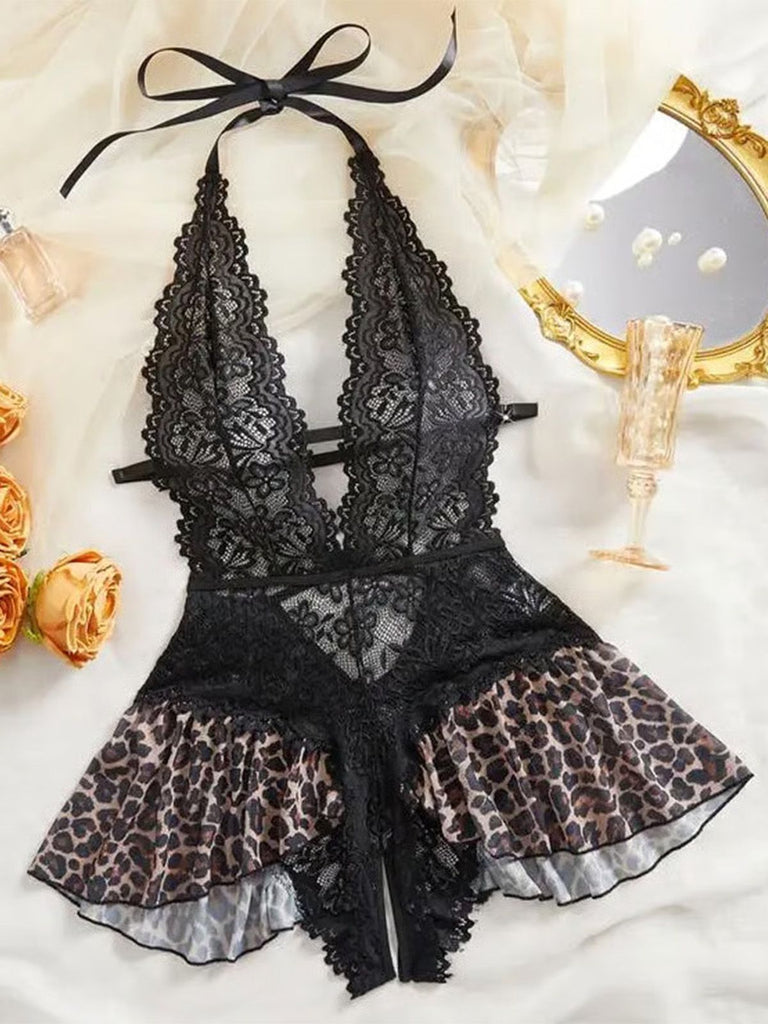 Lingerie dos nu dentelle jupe imprimée léopard années 1980
