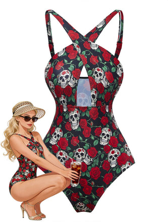 Maillot de bain dos nu noir à motif squelette rose des années 1950, une beauté intemporelle, parfait pour les passionnées de mode vintage.