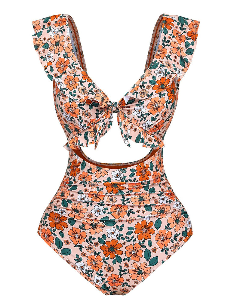 Maillot de bain une pièce à volants et découpes florales nœud sur le devant années 1930