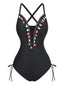 Maillot de bain une pièce noir décolleté plongeant franges 1970s
