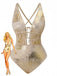 Maillot de bain métallisé doré avec une illustration assortie d'une femme sur fond blanc