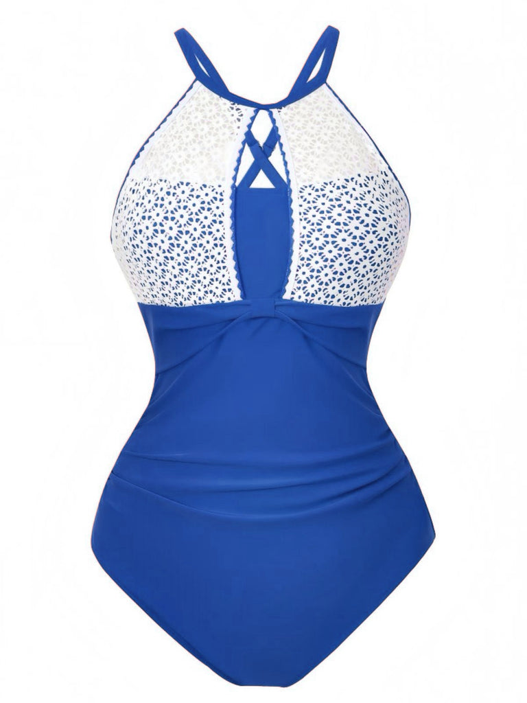 Maillot de bain une pièce dos nu dentelle patchwork 1940s