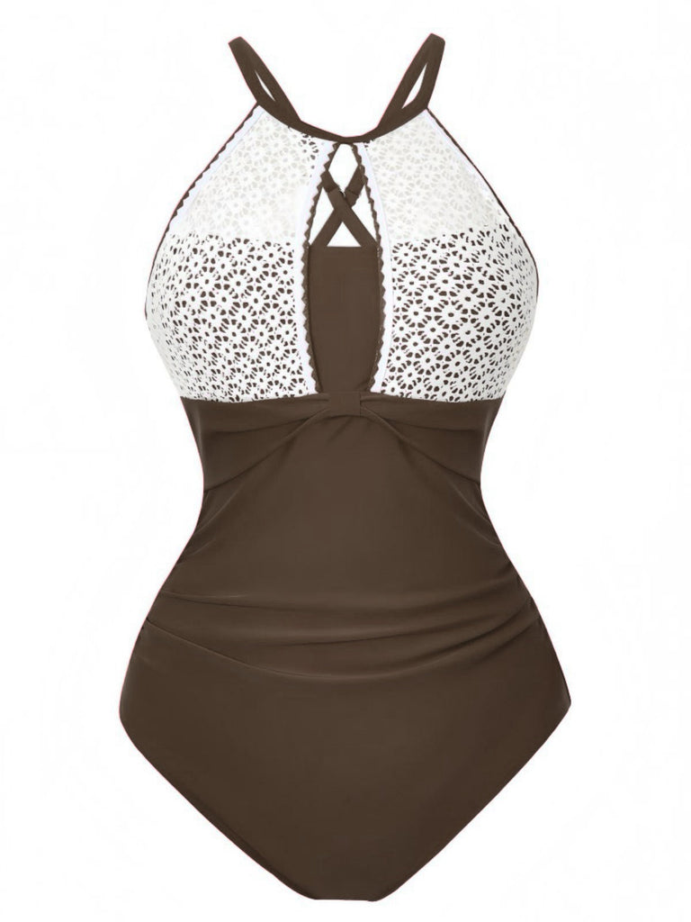 Maillot de bain une pièce dos nu dentelle patchwork 1940s