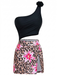 Maillot de bain une pièce noir des années 1940, à imprimé floral 3D, asymétrique, avec fleurs roses et imprimé léopard sur fond blanc.background