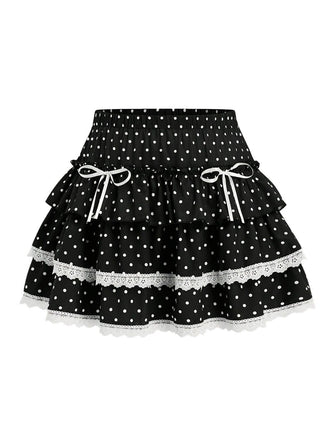 Jupe courte noire à pois en dentelle et à volants étagés, vue de face, idéale pour un style romantique et d'inspiration vintage.