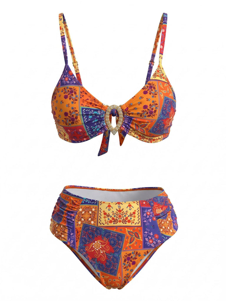 Ensemble Bikini Floral Paisley avec Anneau Fer à Cheval en Cristal Années 1970