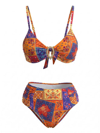 Ensemble Bikini Floral Paisley avec Anneau Fer à Cheval en Cristal Années 1970