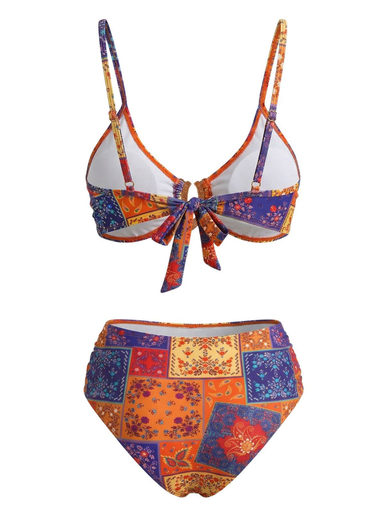 Ensemble Bikini Floral Paisley avec Anneau Fer à Cheval en Cristal Années 1970