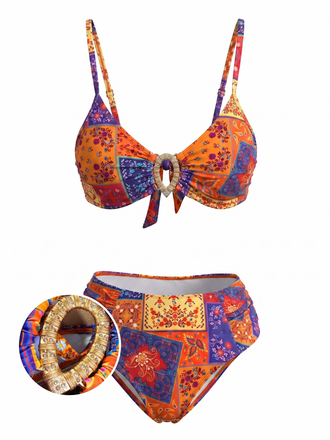 Ensemble Bikini Floral Paisley avec Anneau Fer à Cheval en Cristal Années 1970