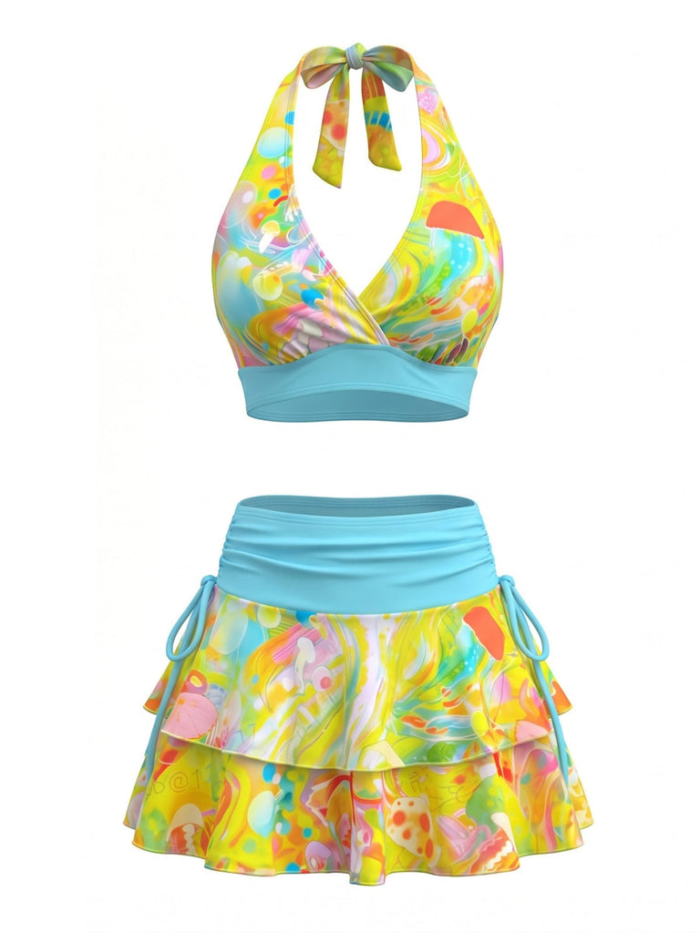 Ensemble Bikini Halter Imprimé Psychédélique Multicolore Années 80