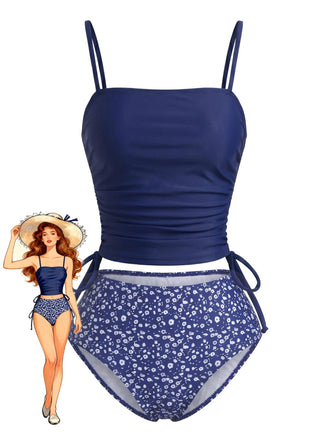 Ensemble Tankini Floral Cordon de Serrage Bleu Marine Années 1950