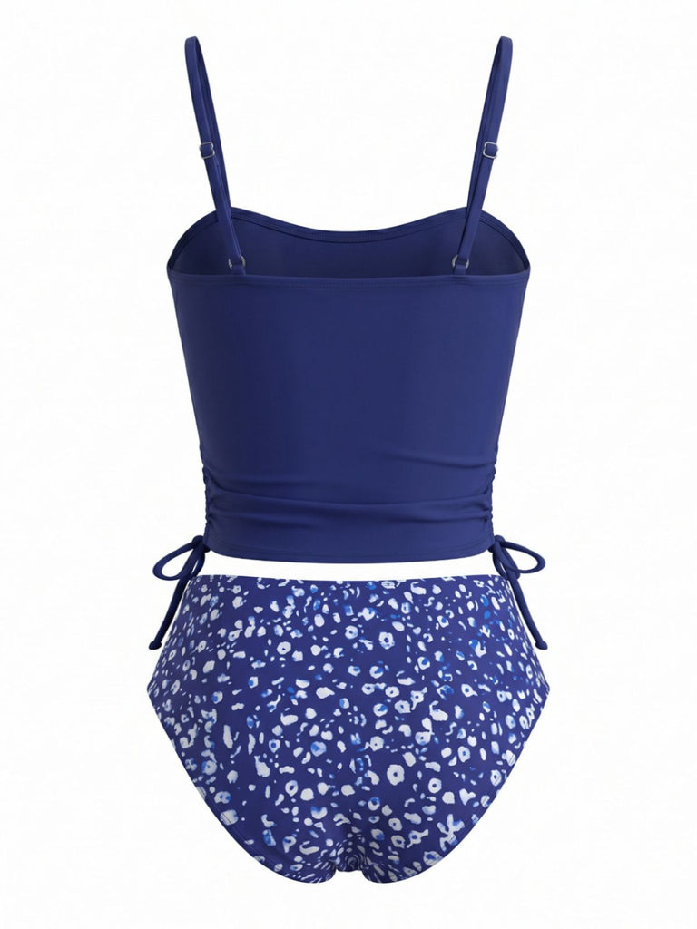 Ensemble Tankini Floral Cordon de Serrage Bleu Marine Années 1950 3