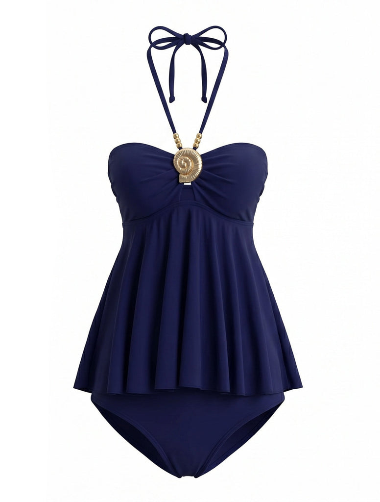 Uni Métallique Embellished Maillot de Bain Bleu marine Années 1980