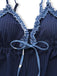 Navy blue striped tankini with ruffled tie-front top in vintage 1950s swimwear style
