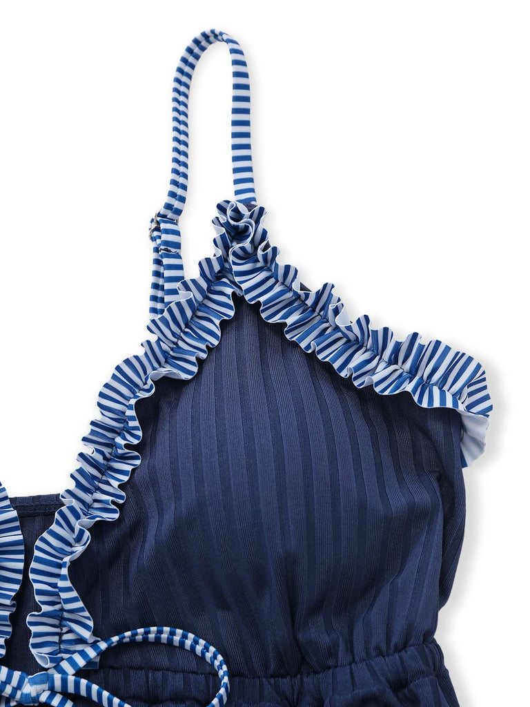 Navy blue striped tankini with ruffled tie-front top in vintage 1950s swimwear style