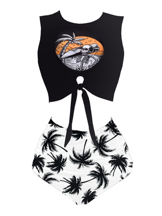 Ensemble tankini squelette de plage avec nœud sur le devant années 1980