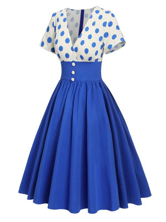 Robe trapèze à pois et col en V des années 1950