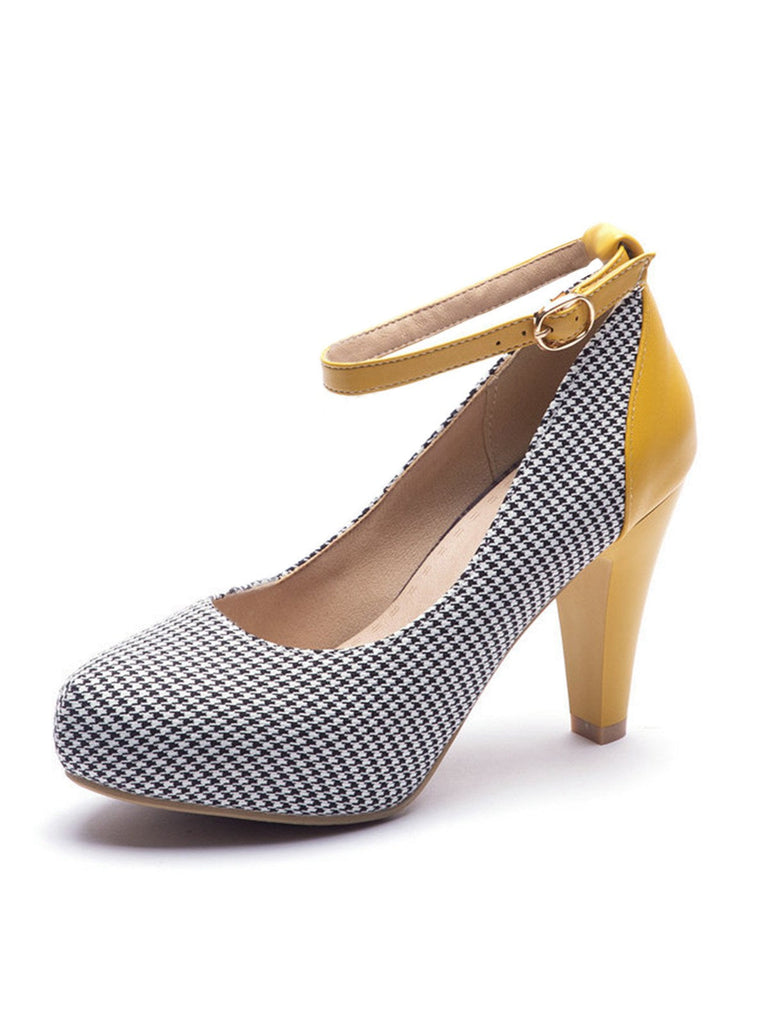 Escarpins vintage pied-de-poule talons coniques et bride cheville
