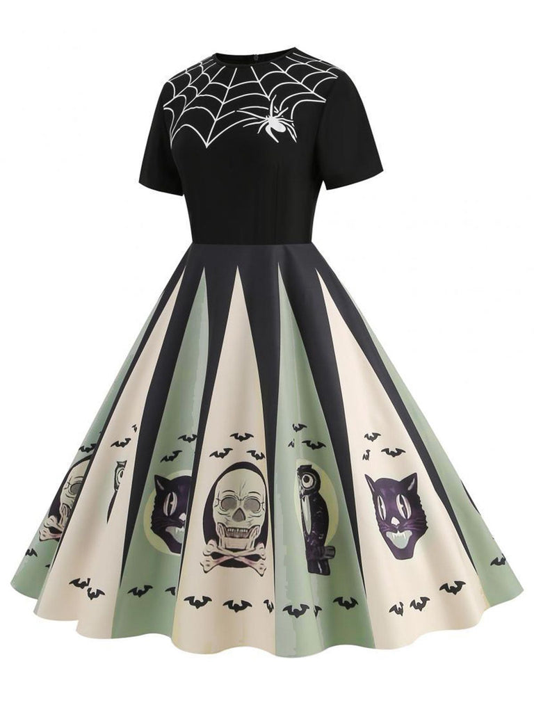 Robe patchwork à imprimé toile d'araignée pour Halloween des années 1950