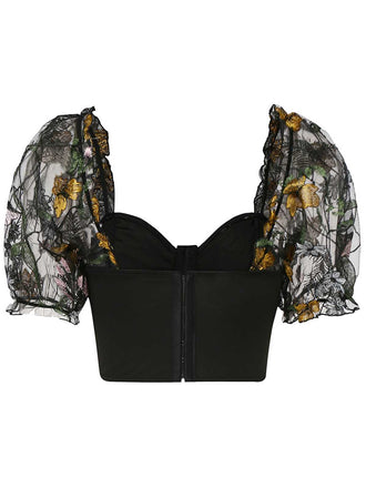 Haut court noire manches bouffantes en maille brodée de fleurs des années 1960