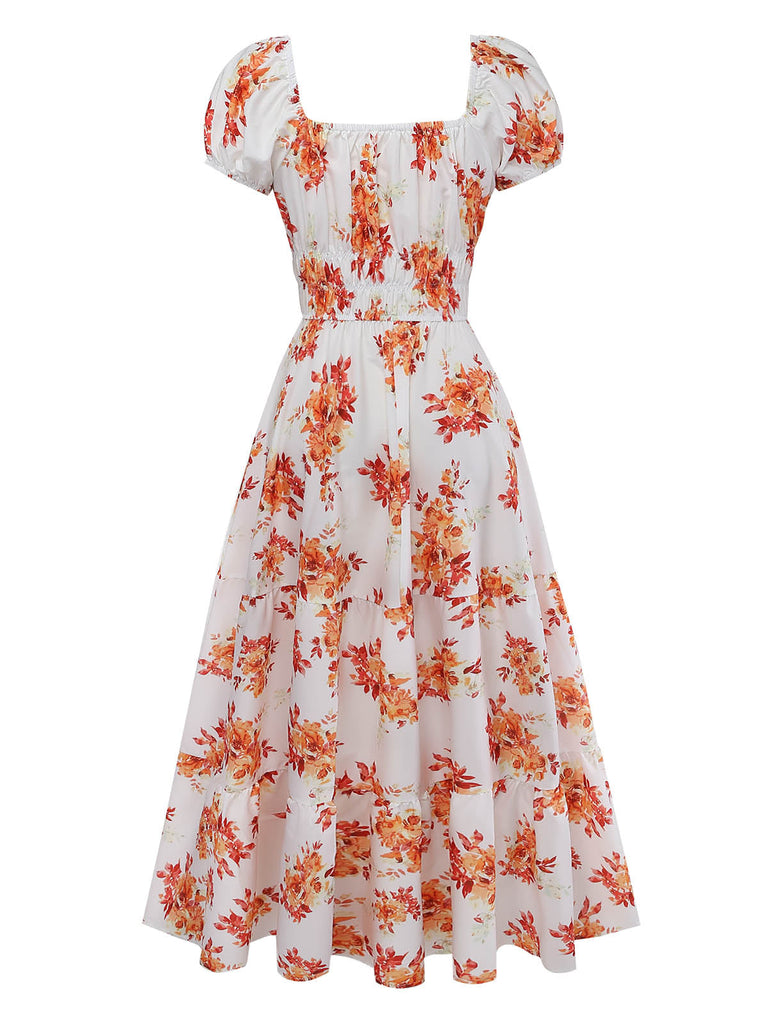 Robe à Manches Bouffantes Smockée Floral Orange Années 40