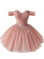 [Prévente] Robe de bal rose motif floral épaules dénudées et tulle pailleté années 1950
