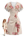 Robe Col V à Manches Volantées Satin Floral Rayé Années 60