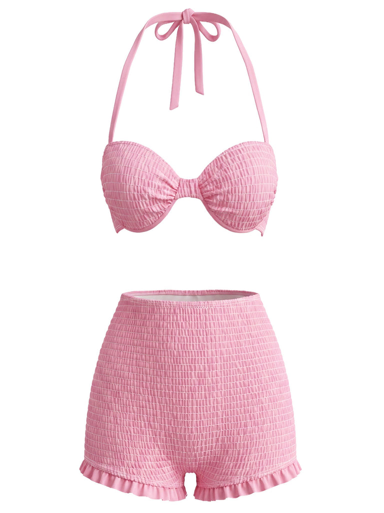 [Prévente] Ensemble Bikini Dos-Nu Smocké & Haut Cache-Maillot Fraise Rose Années 1950 4