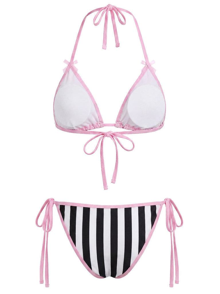 [Prévente] Gothique Crâne Imprimé Rayée Ensemble Bikini Rose Années 1980 4