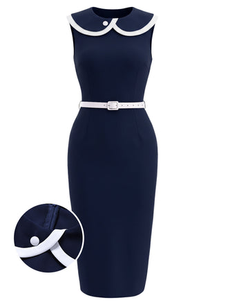 [Prévente] Robe Crayon Sans Manches à Revers Bleu Profond Années 60