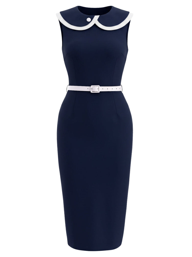 [Prévente] Robe Crayon Sans Manches à Revers Bleu Profond Années 60