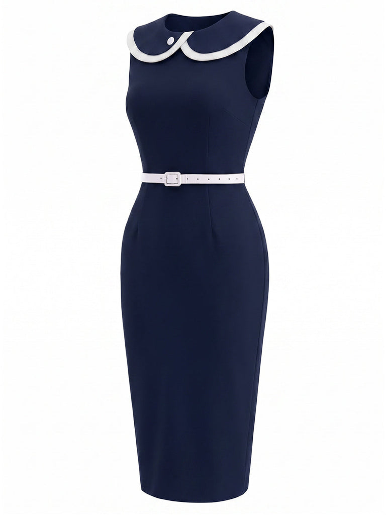 [Prévente] Robe Crayon Sans Manches à Revers Bleu Profond Années 60