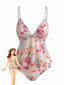 Ensemble Tankini Floral Bretelles Fines Péplum Rose Années 1930