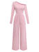 Sophisticated vintage-style long sleeve jumpsuit featuring asymmetric one-shoulder design and pearl details, ideal for evening occasions and formal gatherings