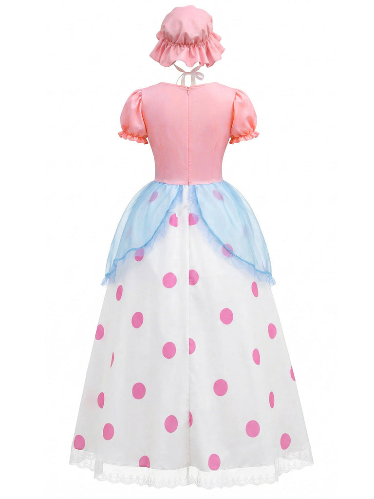 Robe à Pois Manches Bouffantes Cosplay Bo Peep Rose Années 1940