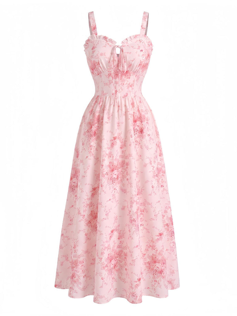 Robe Trapèze Florale Col en V Manches Longues avec Ceinture années '40 2