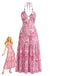 Robe Évasée Florale Col en V Manches Courtes avec Ceinture années '50