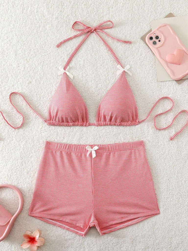 Ensemble Bikini Taille Haute à Carreaux avec Nœud Rose Années 50