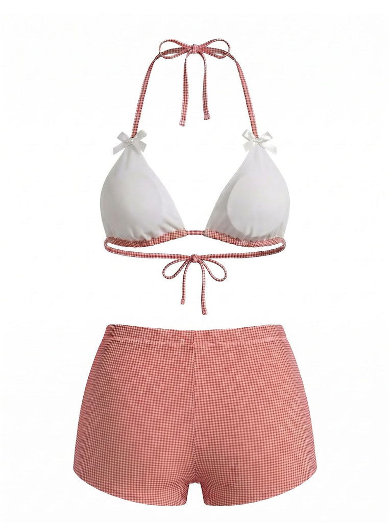 Ensemble Bikini Taille Haute à Carreaux avec Nœud Rose Années 50