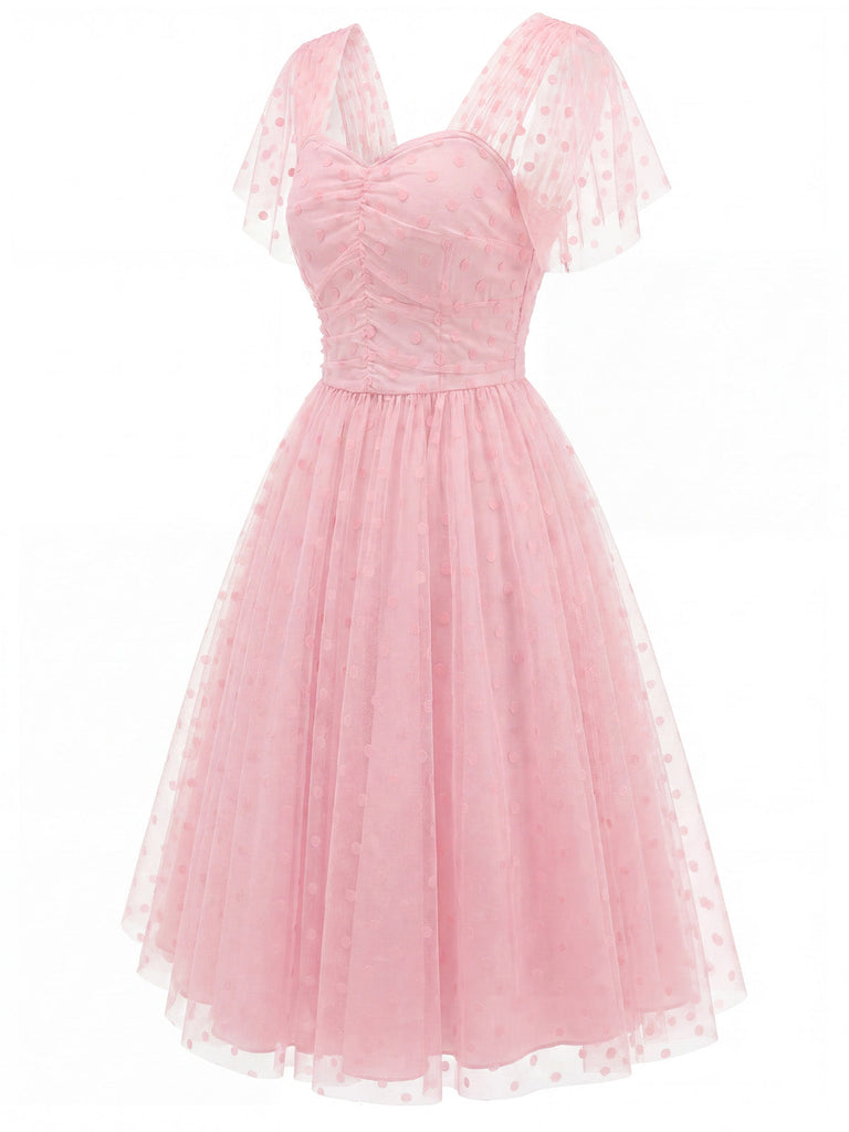 [Prévente] Robe à Pois Filet Col Cœur Rose Années 1950 3