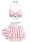 Ensemble bikini rose mousseline motif fleuri délicat volants et tour cou années 50
