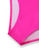 Close-up of a bright pink swimsuit top with white mesh panels on a white background