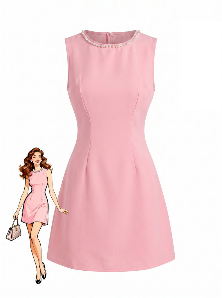 Robe Ligne A Sans Manches Col Rond avec Perles Rose Années 60