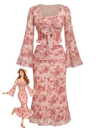 [Prévente] Robe Longue Florale Col en V Manches Bouffantes avec Ceinture années '70
