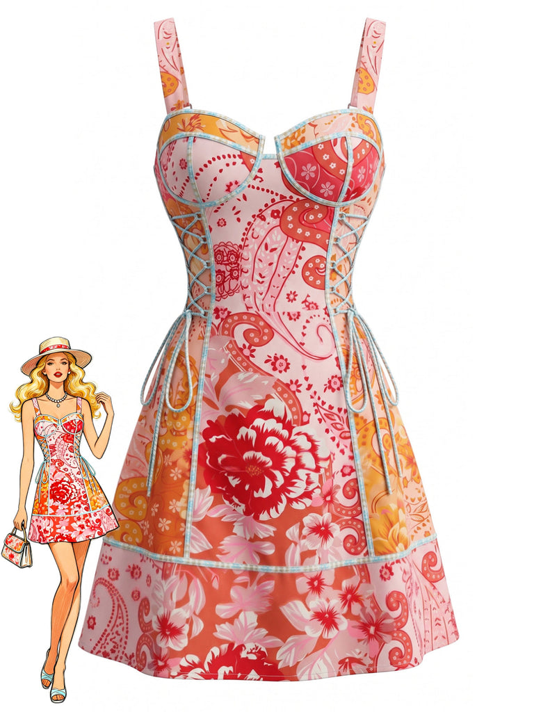 Mini Robe Lacée Floral Paisley Rose Années 70