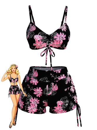 Florale Imprimée Cordon Ensemble Bikini Noir & Rose Années 1940