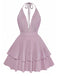 Mauve halter neck dress with ruffled layers on a white background